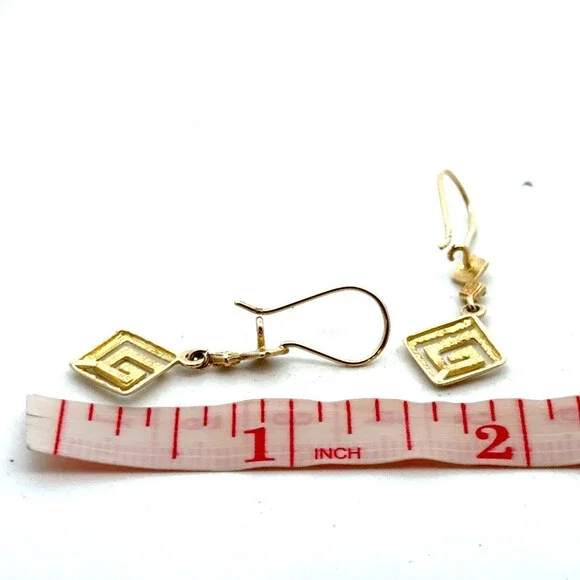 Designer 14K Yellow Gold Etruscan Modernist Square Swirl Dangle Hook Earrings
